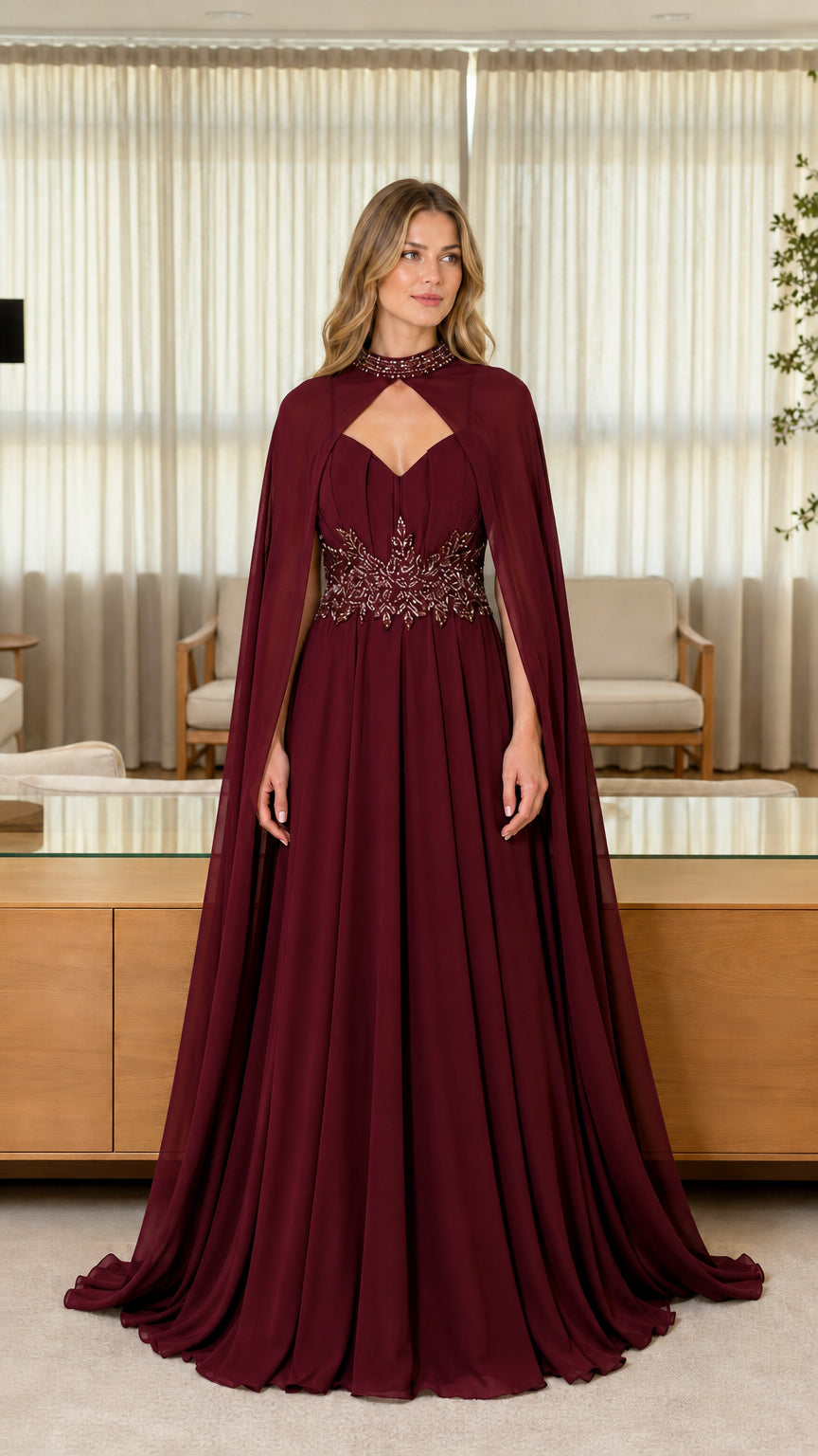 Front view of burgundy evening dress with cape