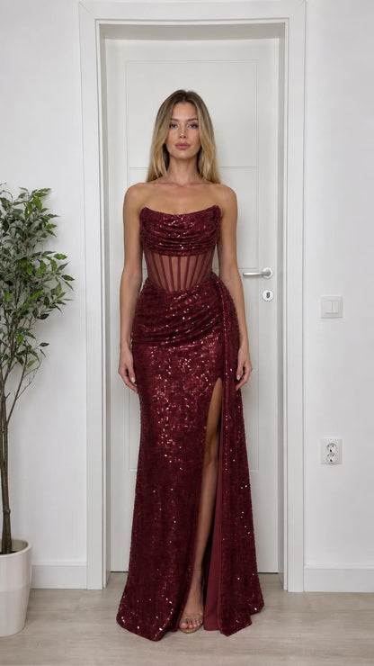 Front view of burgundy sequin evening gown