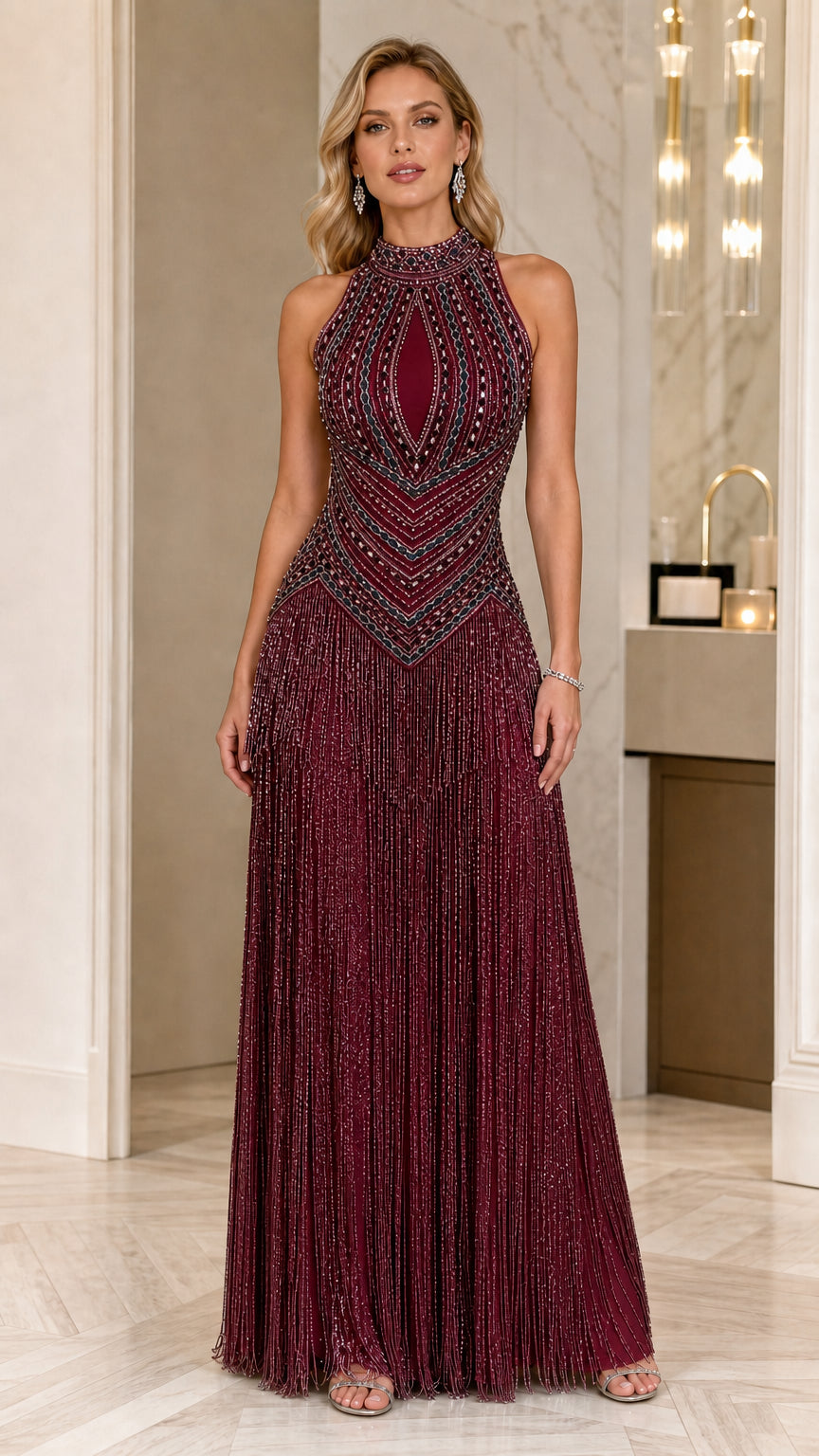 Burgundy wine red embellished halter evening dress with cascading fringe