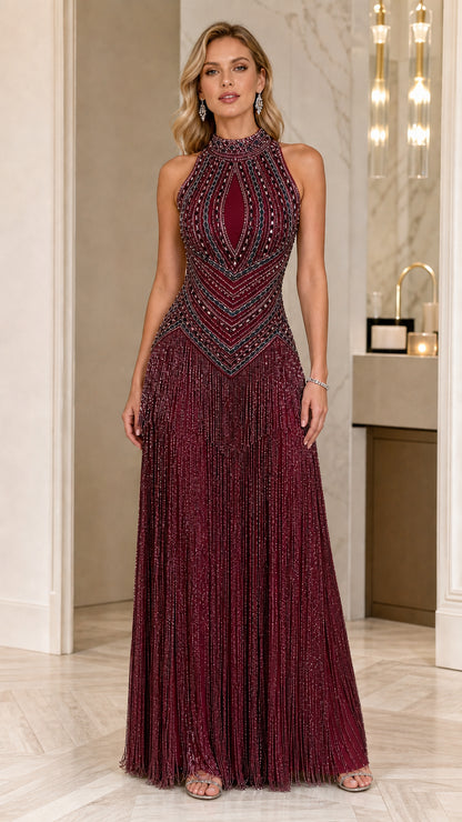 Burgundy wine red embellished halter evening dress with cascading fringe