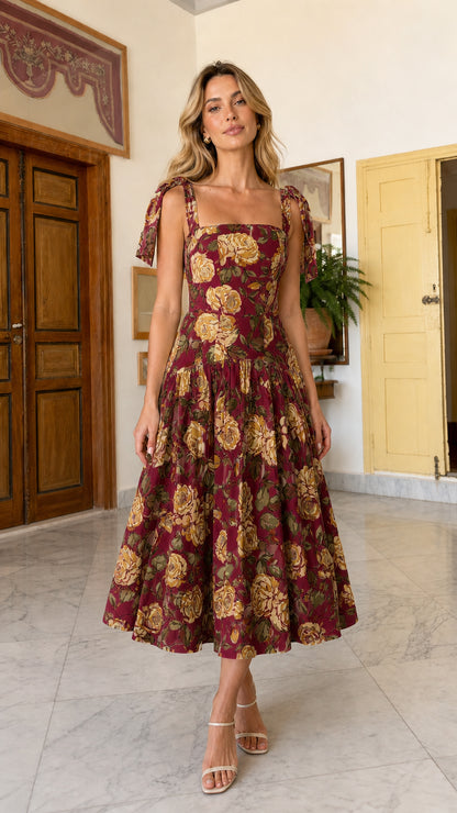 Front view of woman wearing burgundy floral midi dress