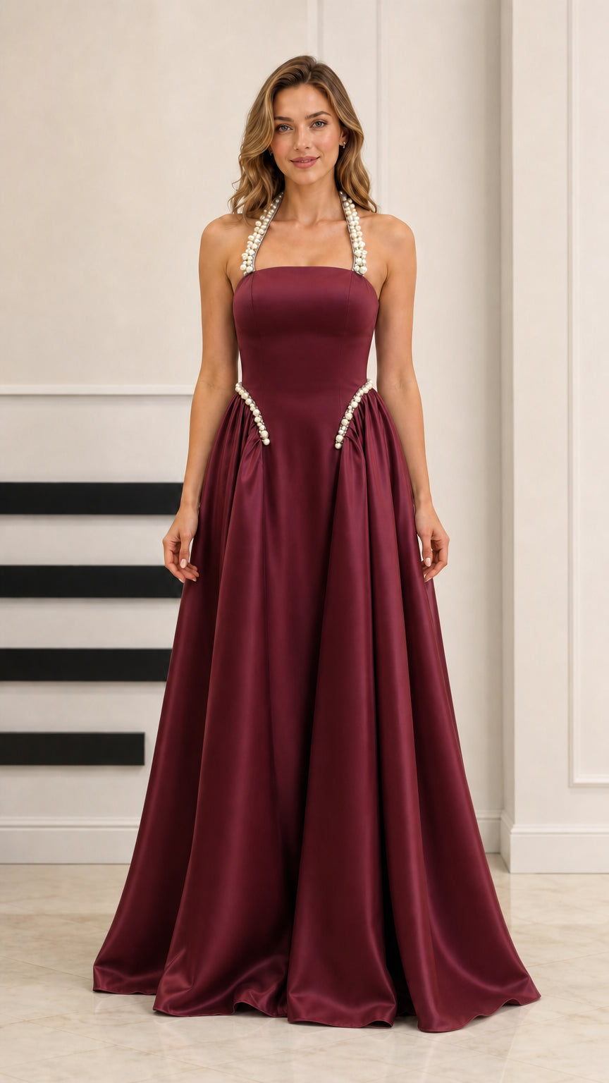 Burgundy red satin floor-length evening gown with pearl details