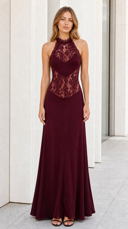 Burgundy color variant of the halter lace maxi dress