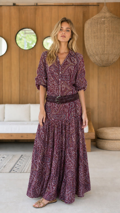 Front view of burgundy paisley maxi dress variant