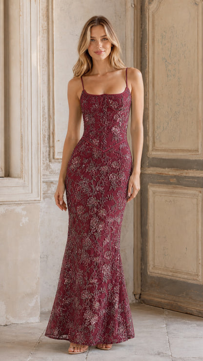 Front view of Burgundy embroidered corset evening gown