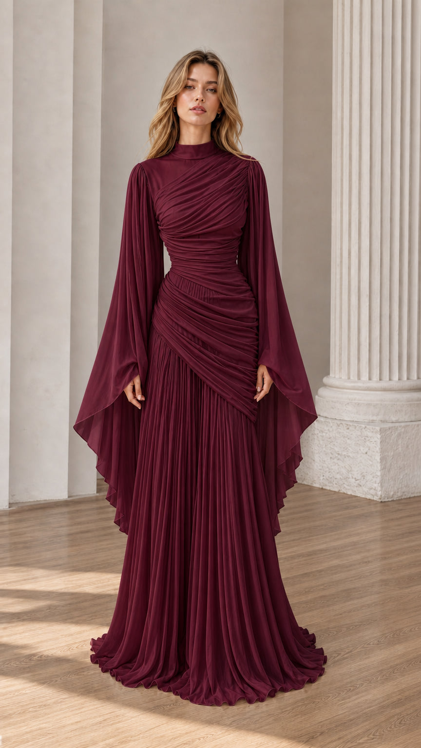 Front view of Burgundy ruched high-neck maxi dress