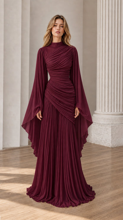 Front view of Burgundy ruched high-neck maxi dress