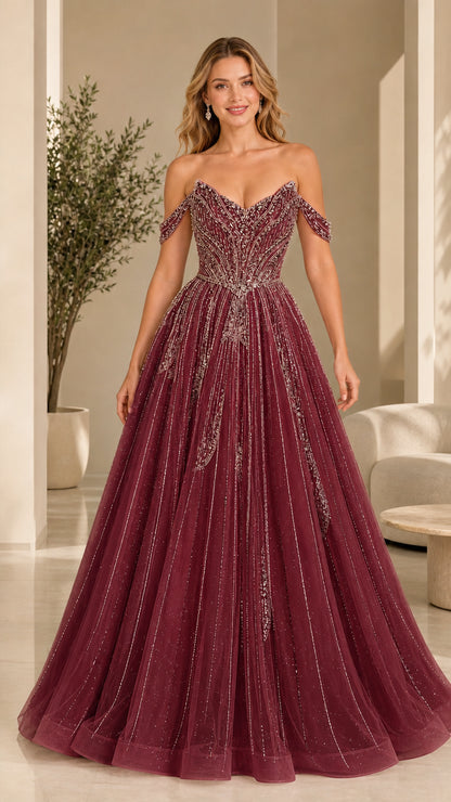 Front view of burgundy beaded tulle ball gown