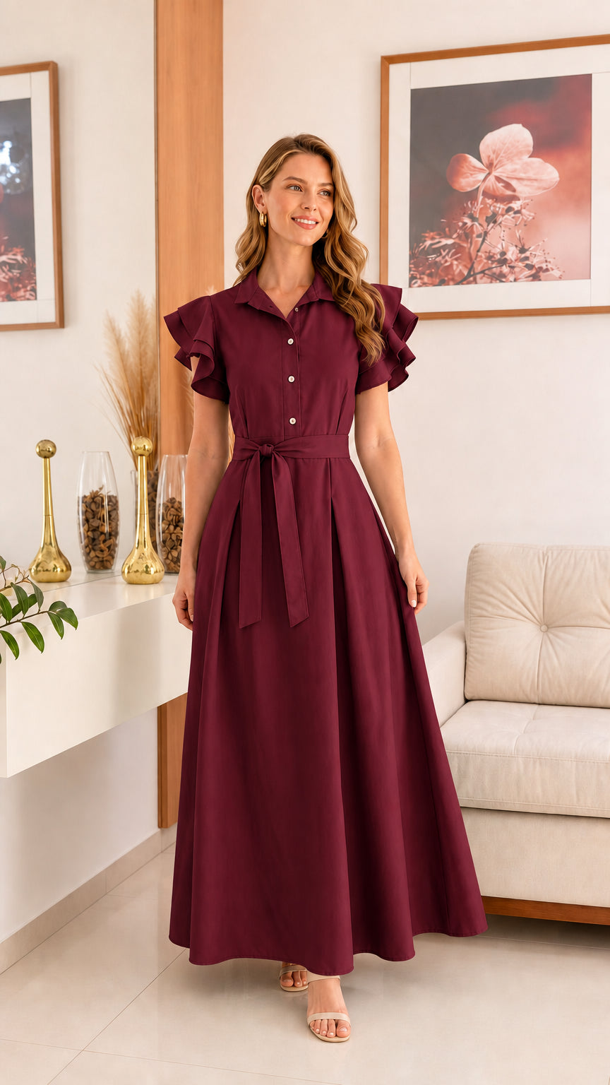 Woman wearing burgundy ruffle sleeve shirt dress