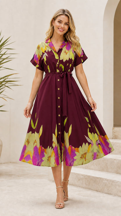Burgundy floral border print button-down A-line midi dress