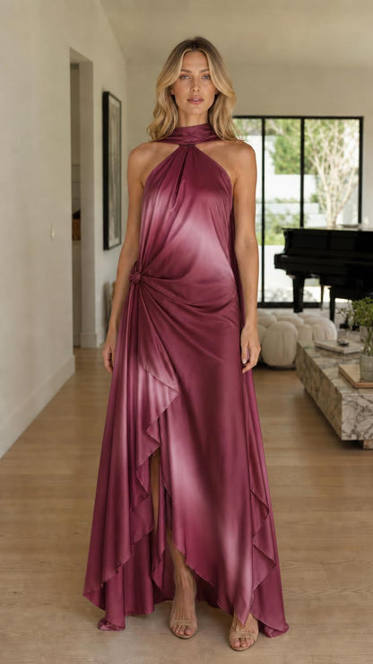 Model wearing burgundy ombre halter maxi dress