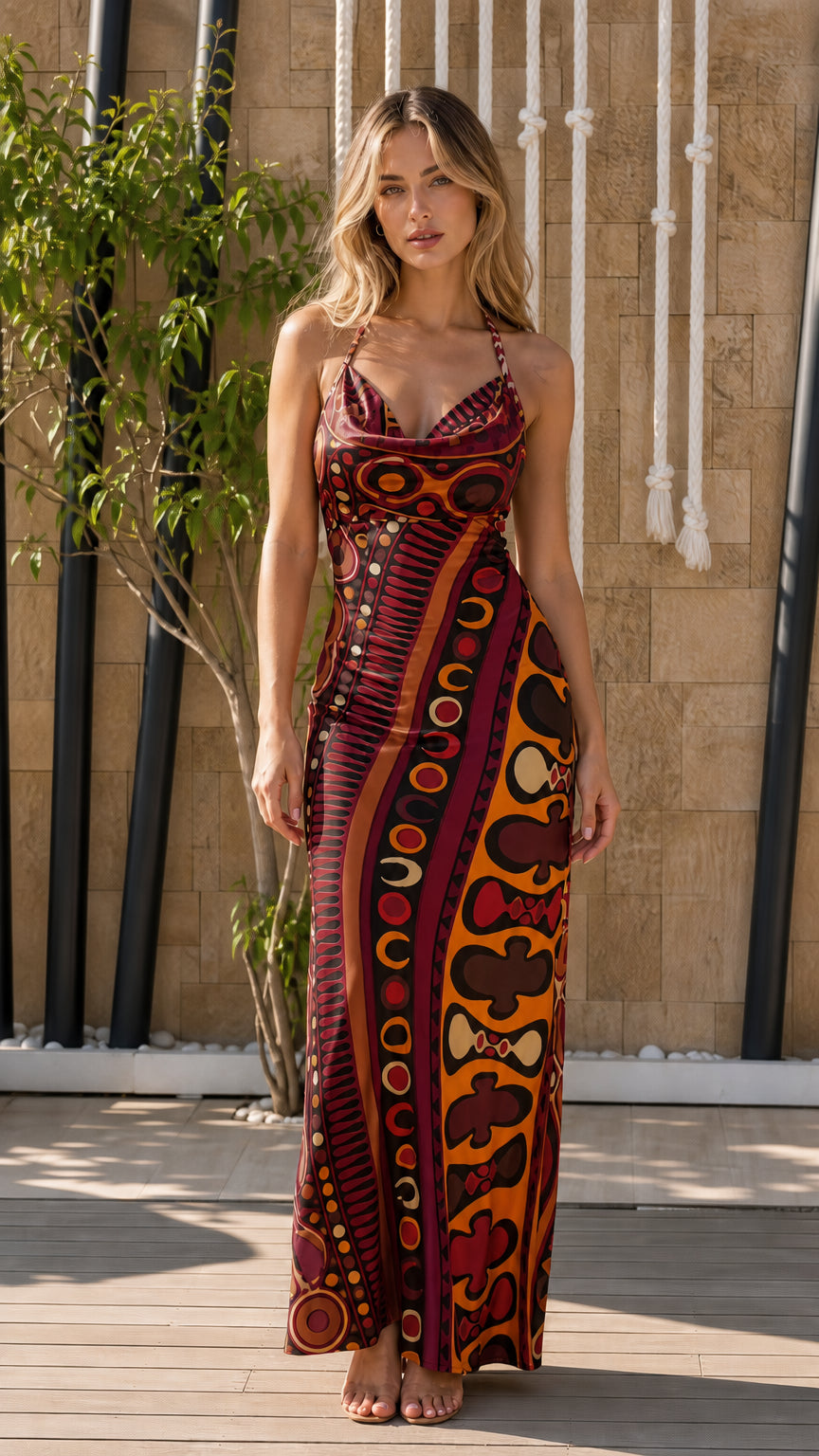 Front view of model wearing Burgundy Multi color variant