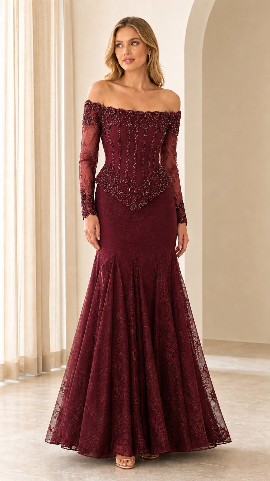 Front view of burgundy evening gown