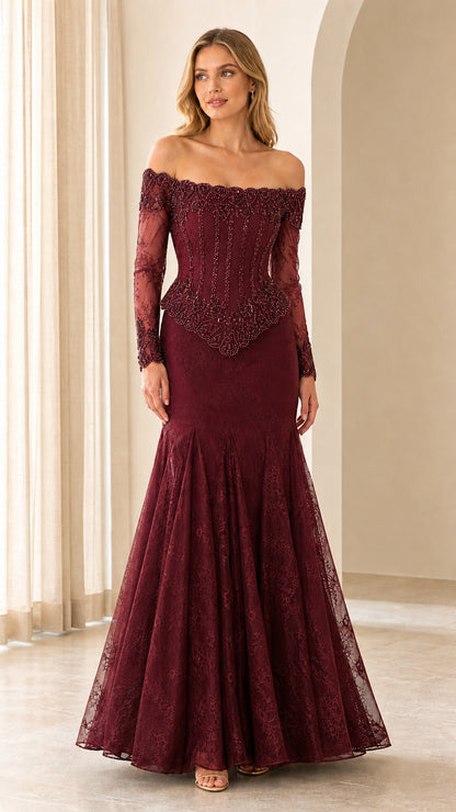 Front view of burgundy evening gown