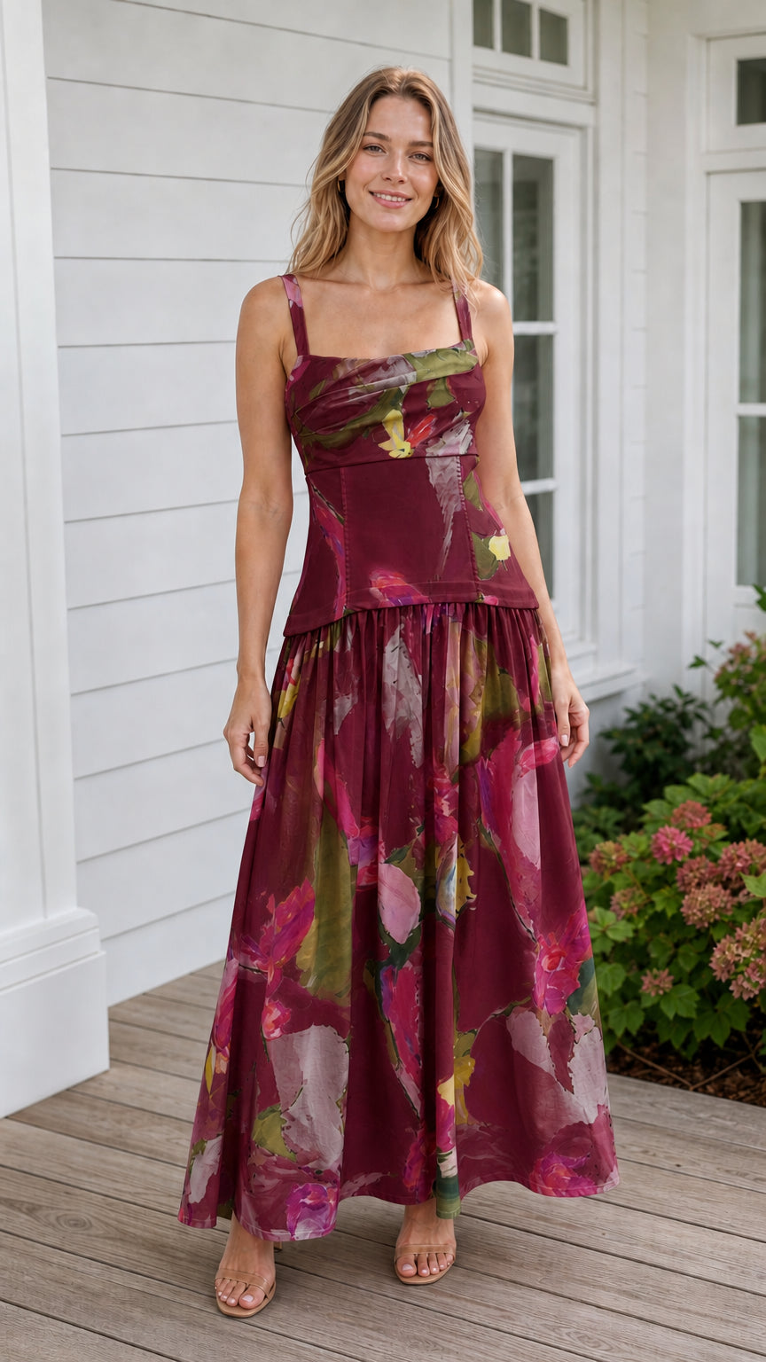 Model wearing burgundy watercolor floral maxi dress