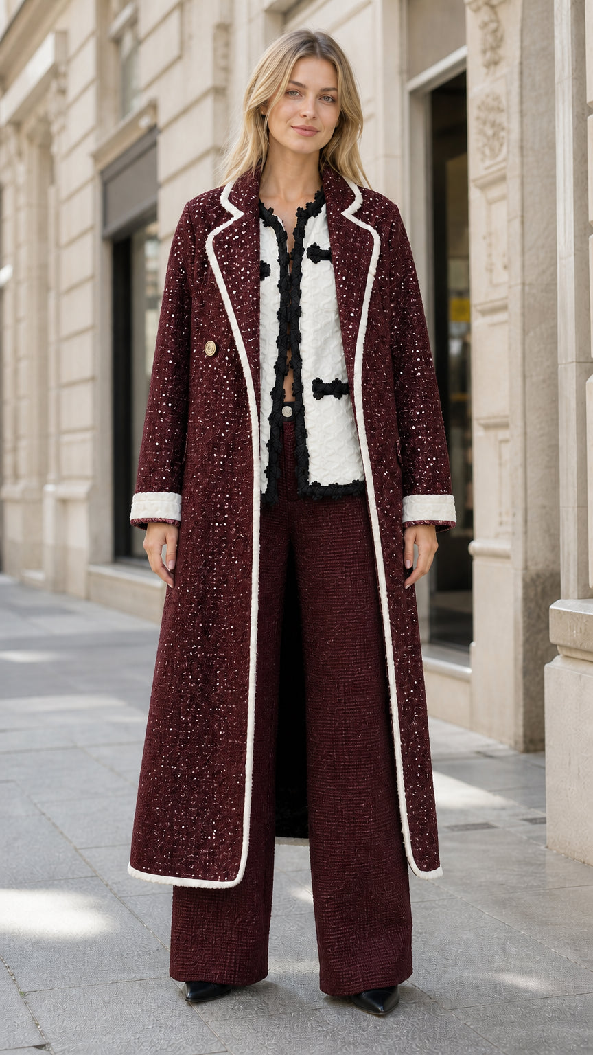 Model wearing rich burgundy sequin tweed longline overcoat with white trim