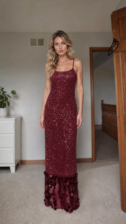 Front view of burgundy sequin maxi dress