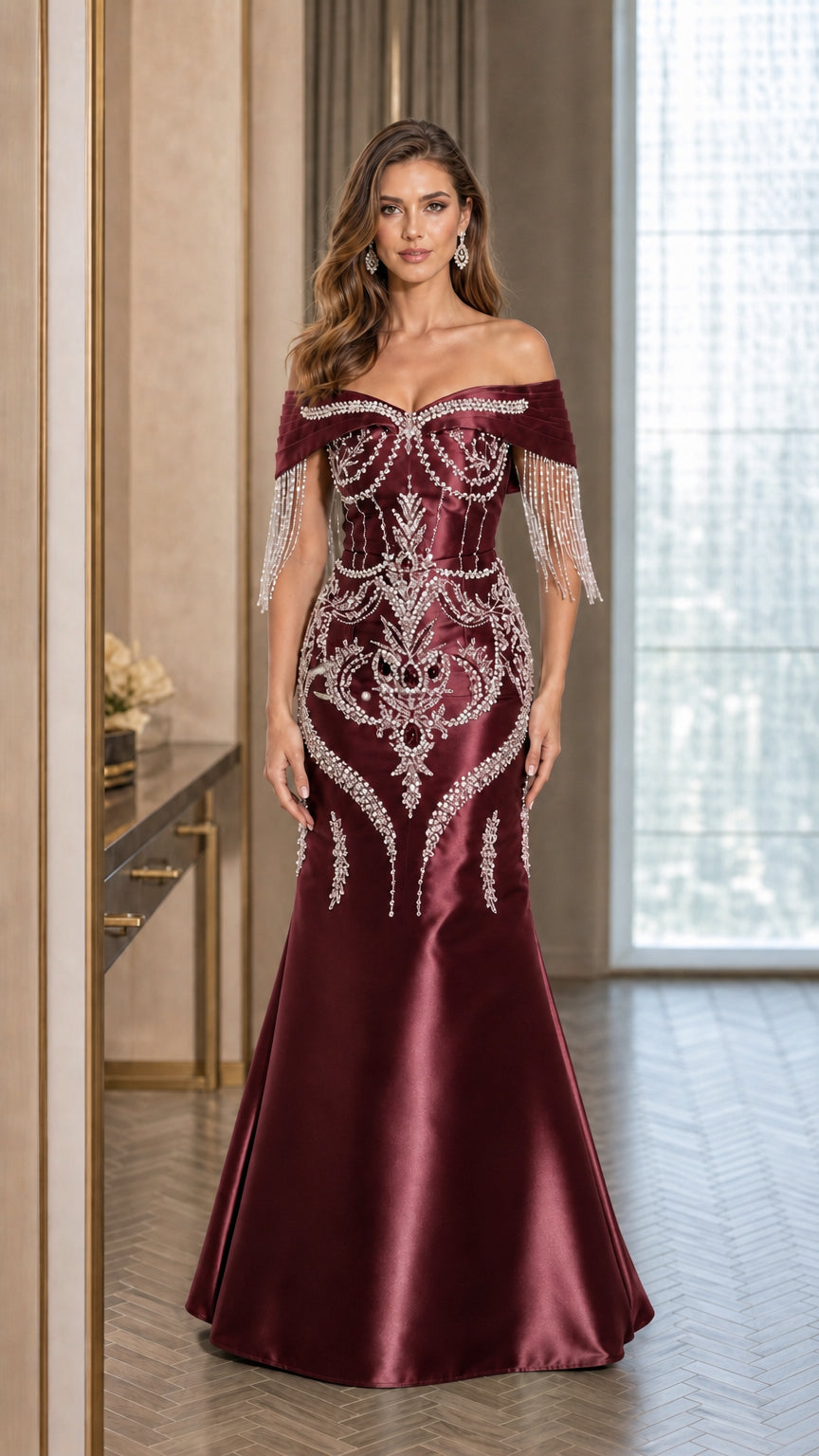 Burgundy wine red crystal embellished formal gown