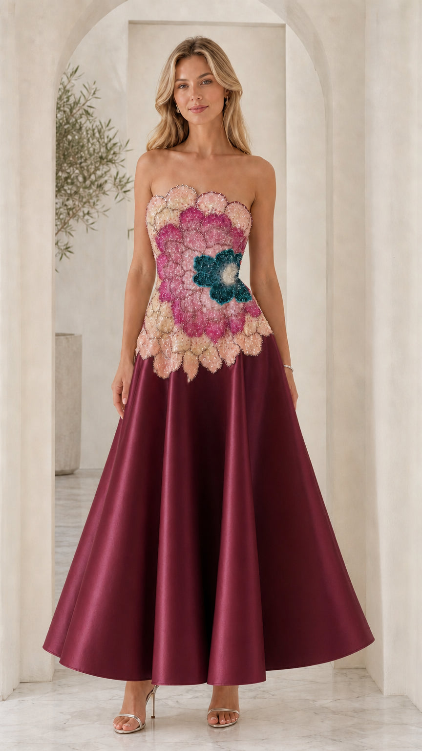 Model wearing burgundy variant of strapless evening dress