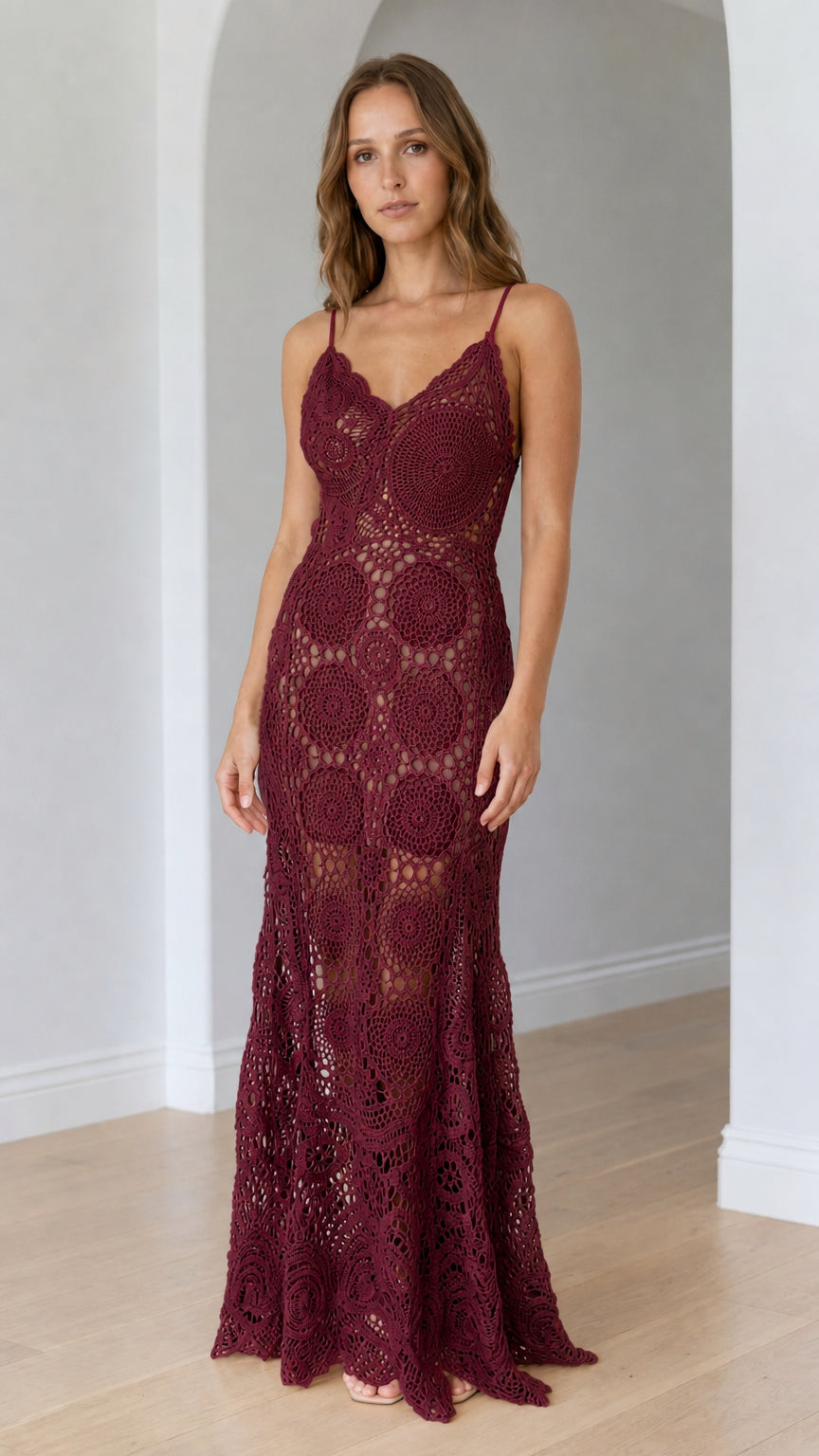 Burgundy wine crochet lace bohemian maxi dress on model