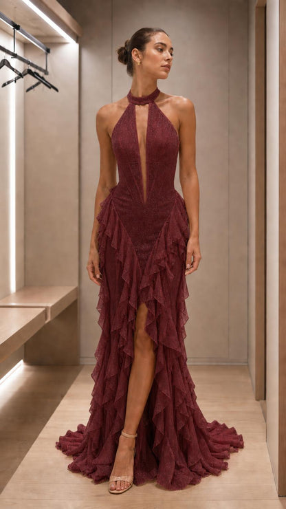 Front view of burgundy halter neck evening dress