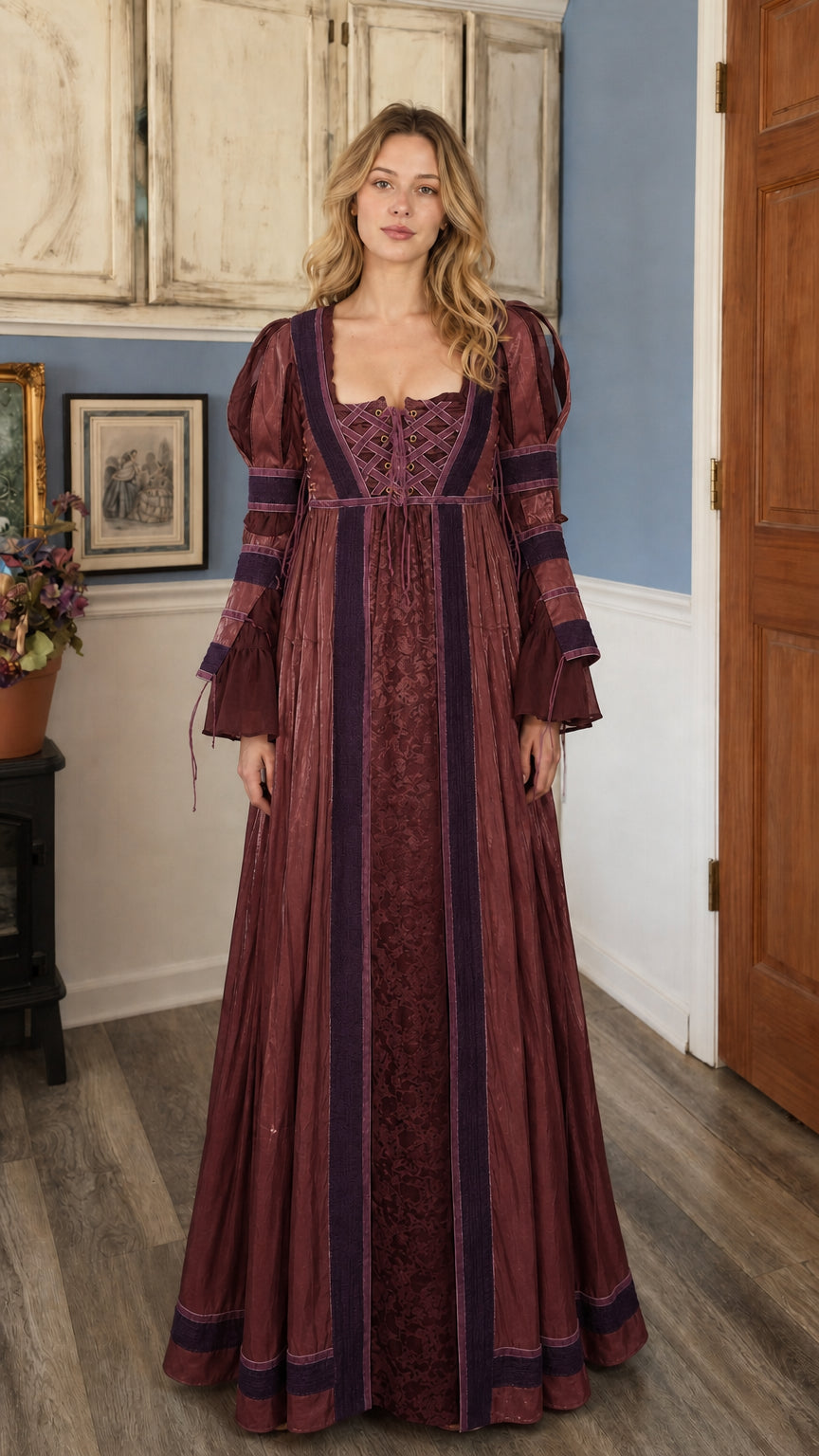 Renaissance Medieval Lace-Up Long Sleeve Maxi Dress in burgundy