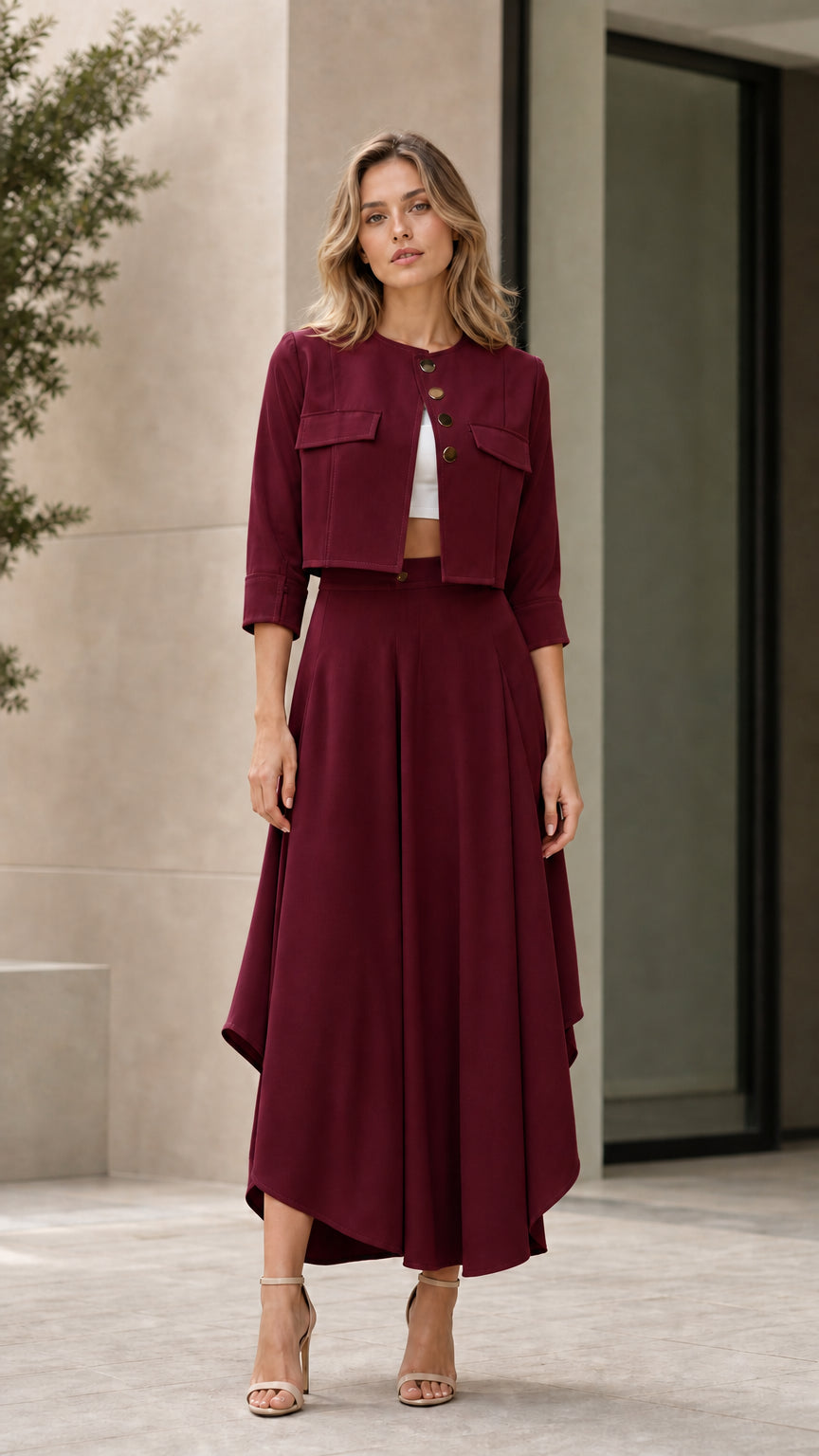Model wearing burgundy wine cropped jacket and asymmetrical maxi skirt set