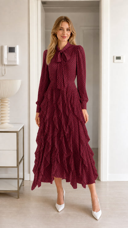 Front view of model wearing burgundy polka dot midi dress