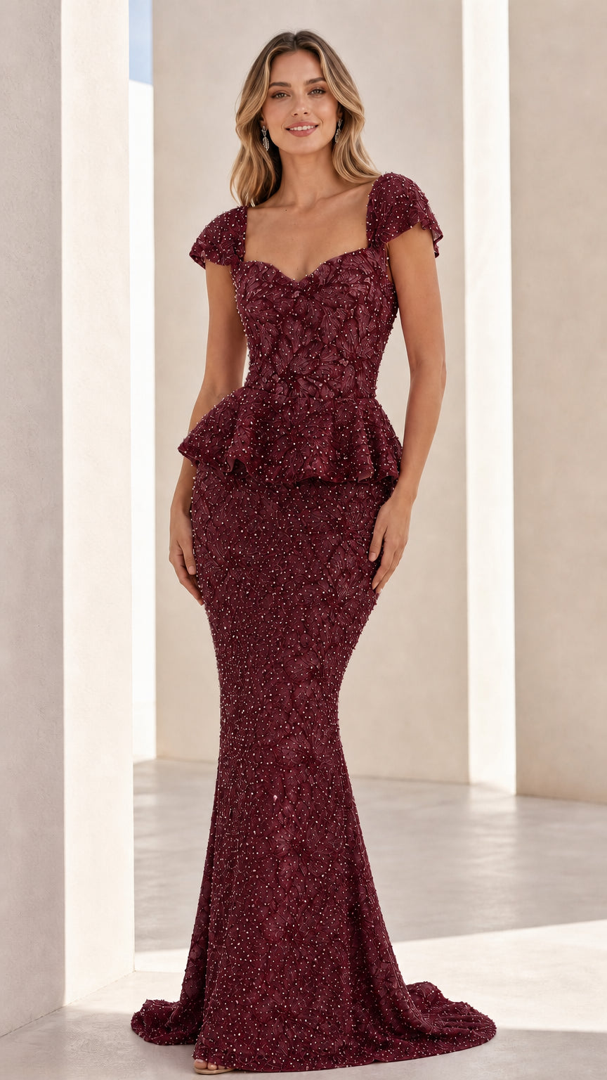 Front view of burgundy embellished evening gown