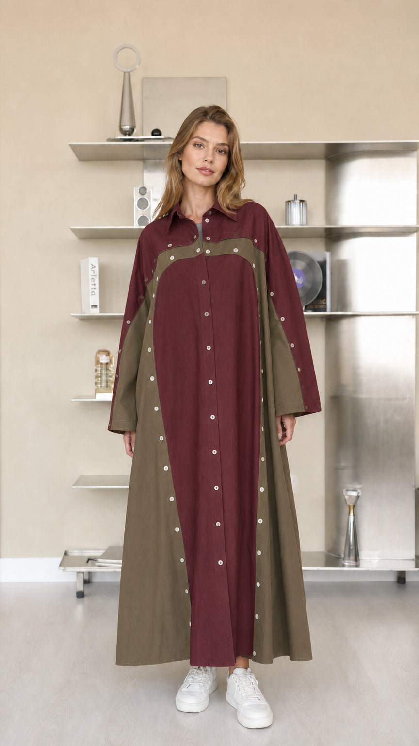 Front view of woman wearing burgundy and olive colorblock maxi shirt dress