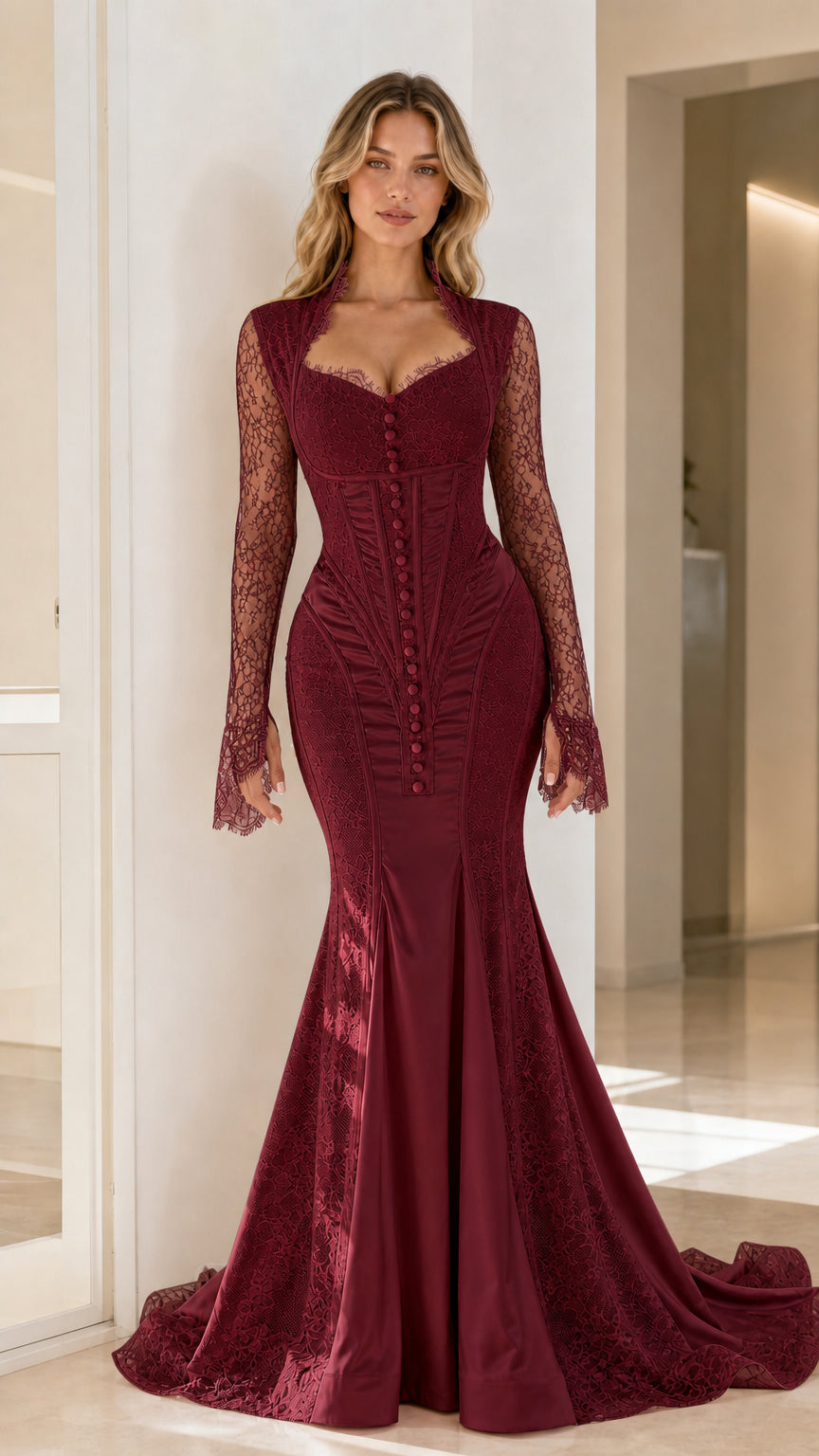 Burgundy romantic lace sleeve long dress