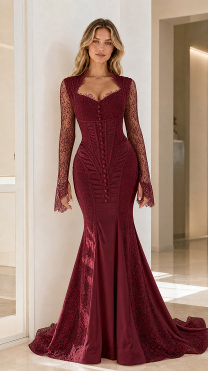 Burgundy romantic lace sleeve long dress