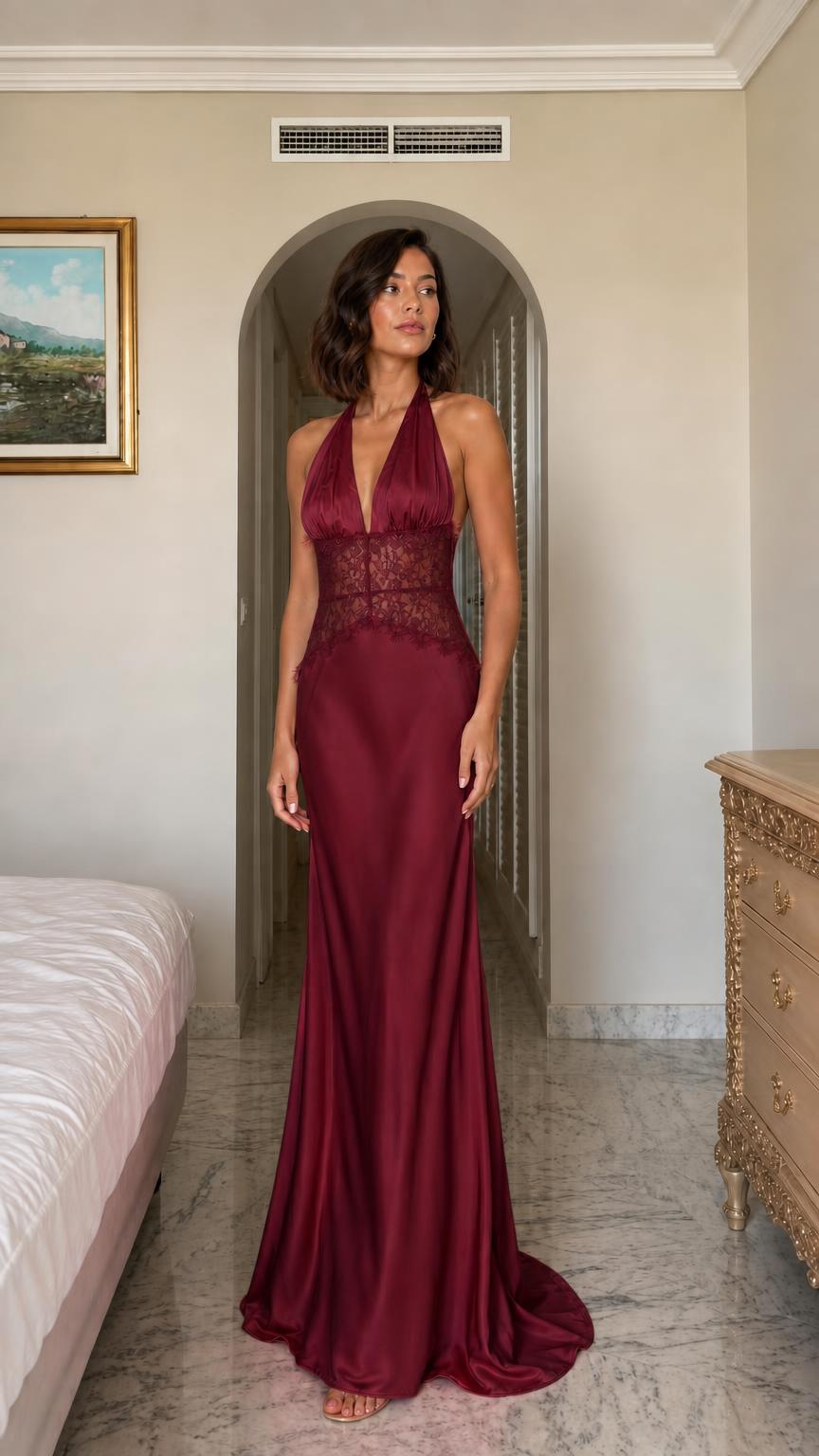 Front view of burgundy satin lace halter maxi dress