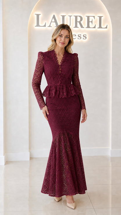 Front view of burgundy wine red floral lace peplum mermaid maxi dress