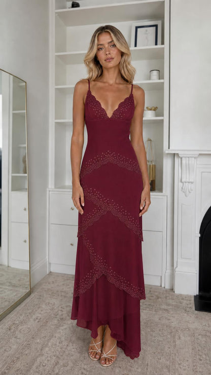 Front view of burgundy color variant maxi dress