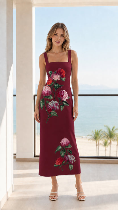 Front view of model wearing Burgundy floral midi dress