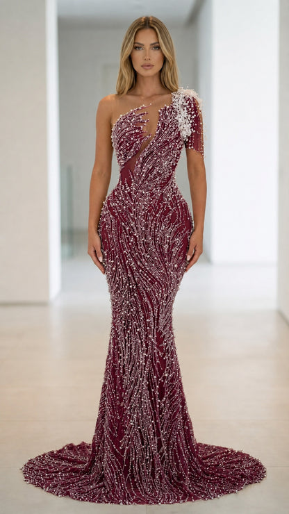 Front view of Burgundy one-shoulder beaded mermaid evening gown