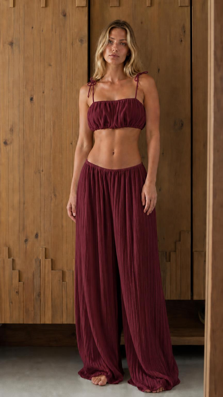 Front view of woman in burgundy matching set