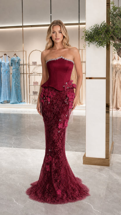 Burgundy wine strapless lace mermaid formal gown with embellished florals