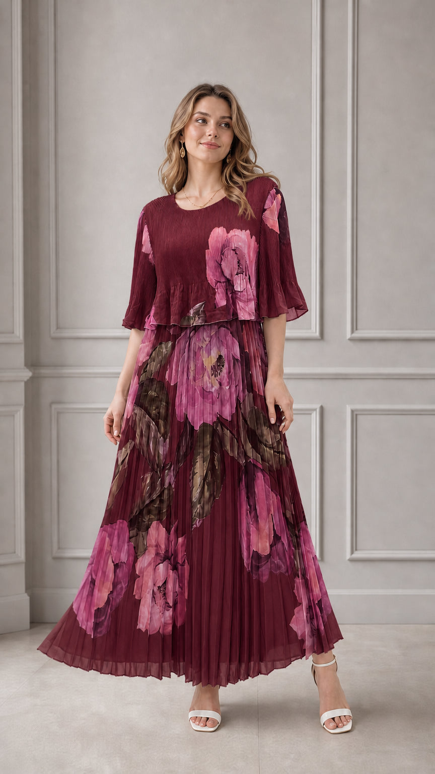 Model wearing burgundy wine floral pleated layered maxi dress