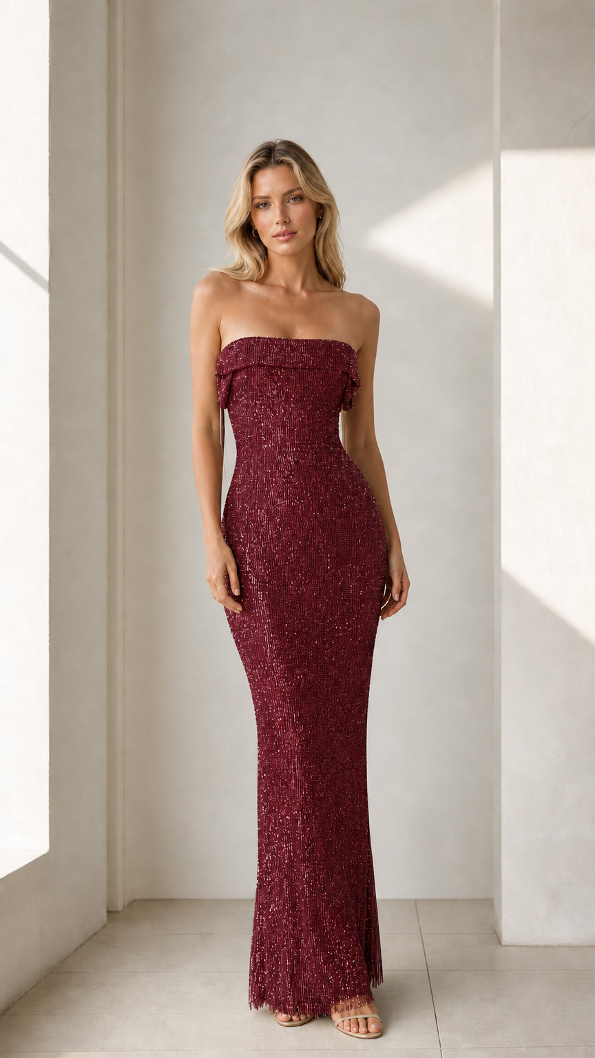 Model wearing burgundy glittering strapless maxi dress