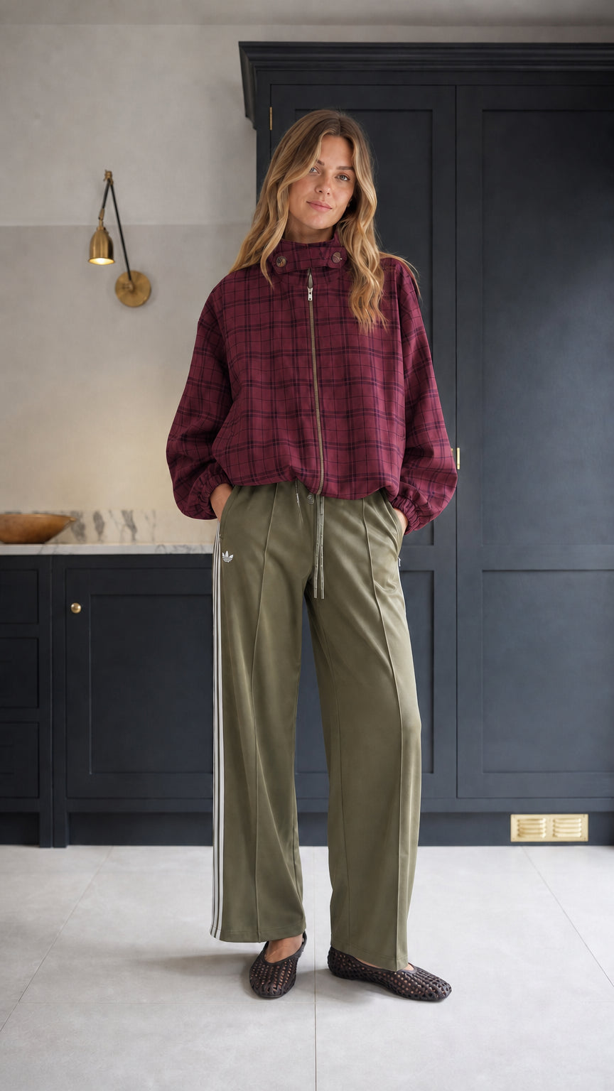 Women's burgundy red plaid zip-up stand collar jacket