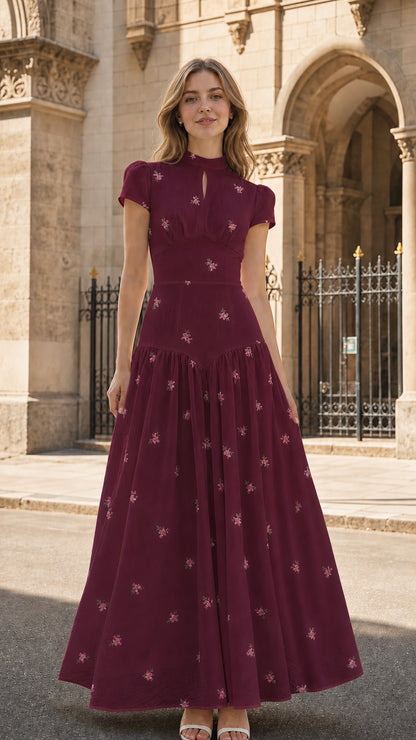 Front view of burgundy floral embroidered maxi dress