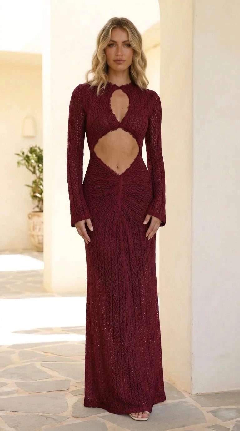 Front view of woman wearing burgundy long sleeve cutout crochet maxi dress
