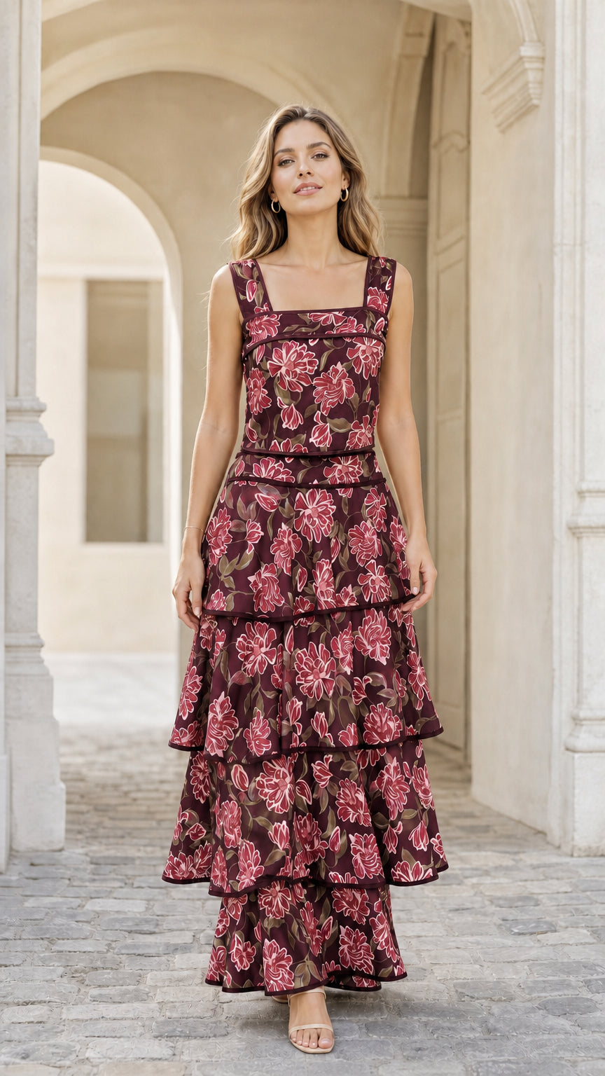 Woman wearing burgundy floral tiered maxi dress