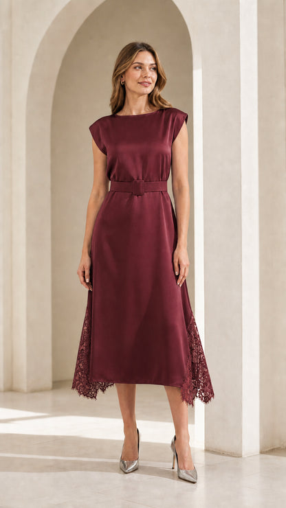 Model wearing burgundy satin midi dress