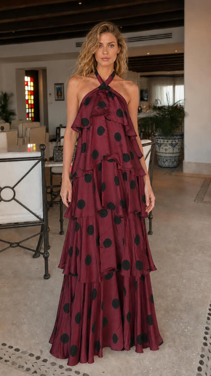 Burgundy polka dot halter ruffle maxi dress variant