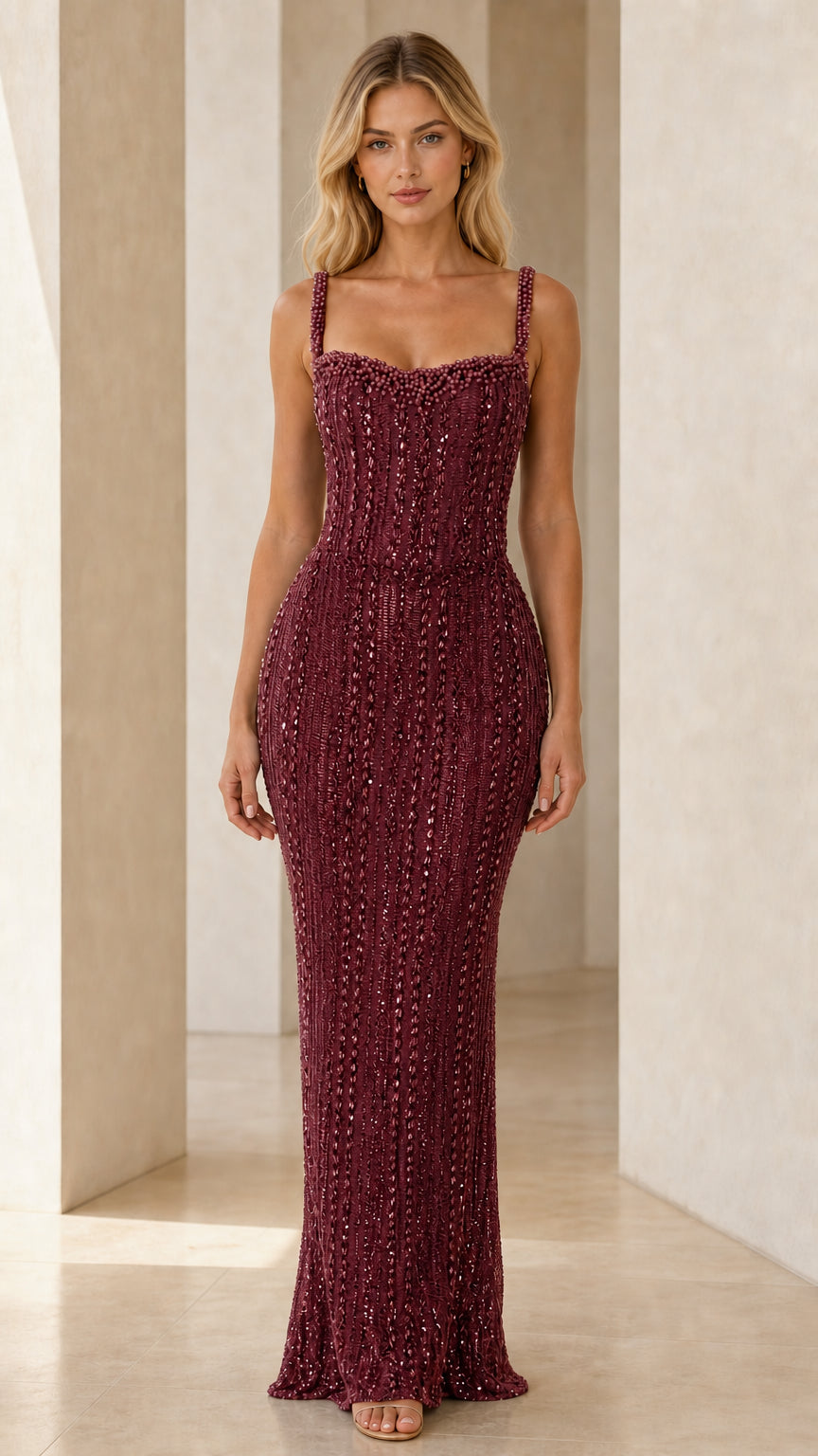 Model wearing Burgundy red embellished ribbed knit evening gown