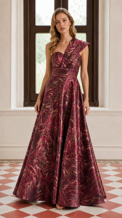 One-Shoulder Pleated Metallic A-Line Maxi Evening Gown in Burgundy