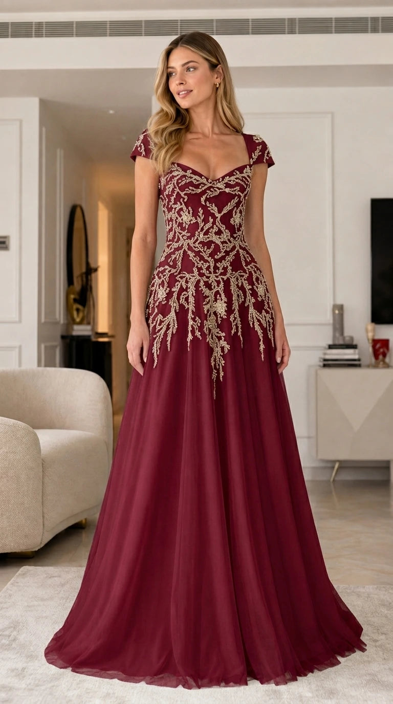 Burgundy variant of the embroidered tulle evening gown